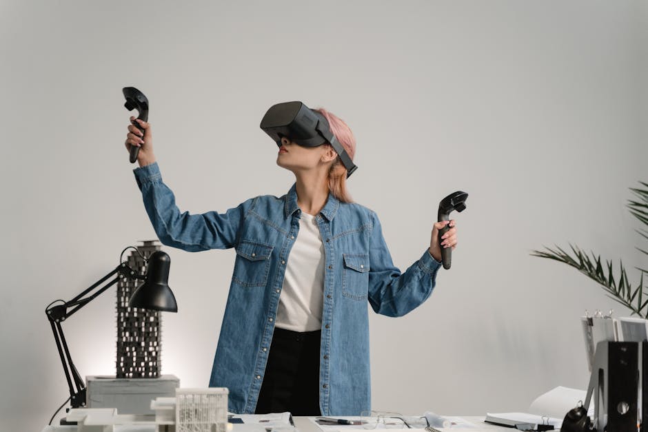 Woman engaging with VR technology in a modern workspace, exploring virtual reality